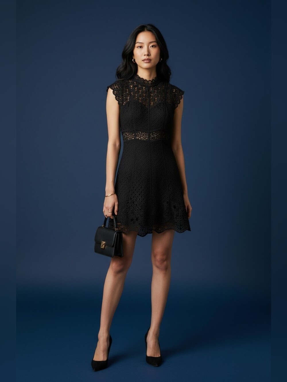 Sandro Paris Black Guipure Lace Cutout Mock Neck Mini Dress Wedding Guest Dress